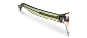Side view of tortoise eyeglass frame with green temple and clear nose bridge