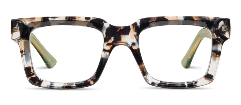 Front view tortoise eyeglasses with green temple arms and wide square lenses