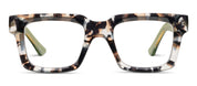 Front view tortoise eyeglasses with green temple arms and wide square lenses
