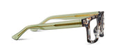 Profile view of tortoise eyeglass frame with green temple arm and metal hinge