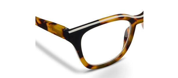 Three-quarter view tortoise/black eyeglasses with clear lenses and black front center