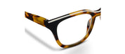 Three-quarter view tortoise/black eyeglasses with clear lenses and black front center