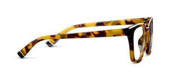 Tortoise and black eyeglasses side view showing temple arm and full frame rim