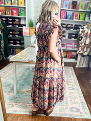 Multicolor tiered midi dress with short ruffled sleeves and geometric print