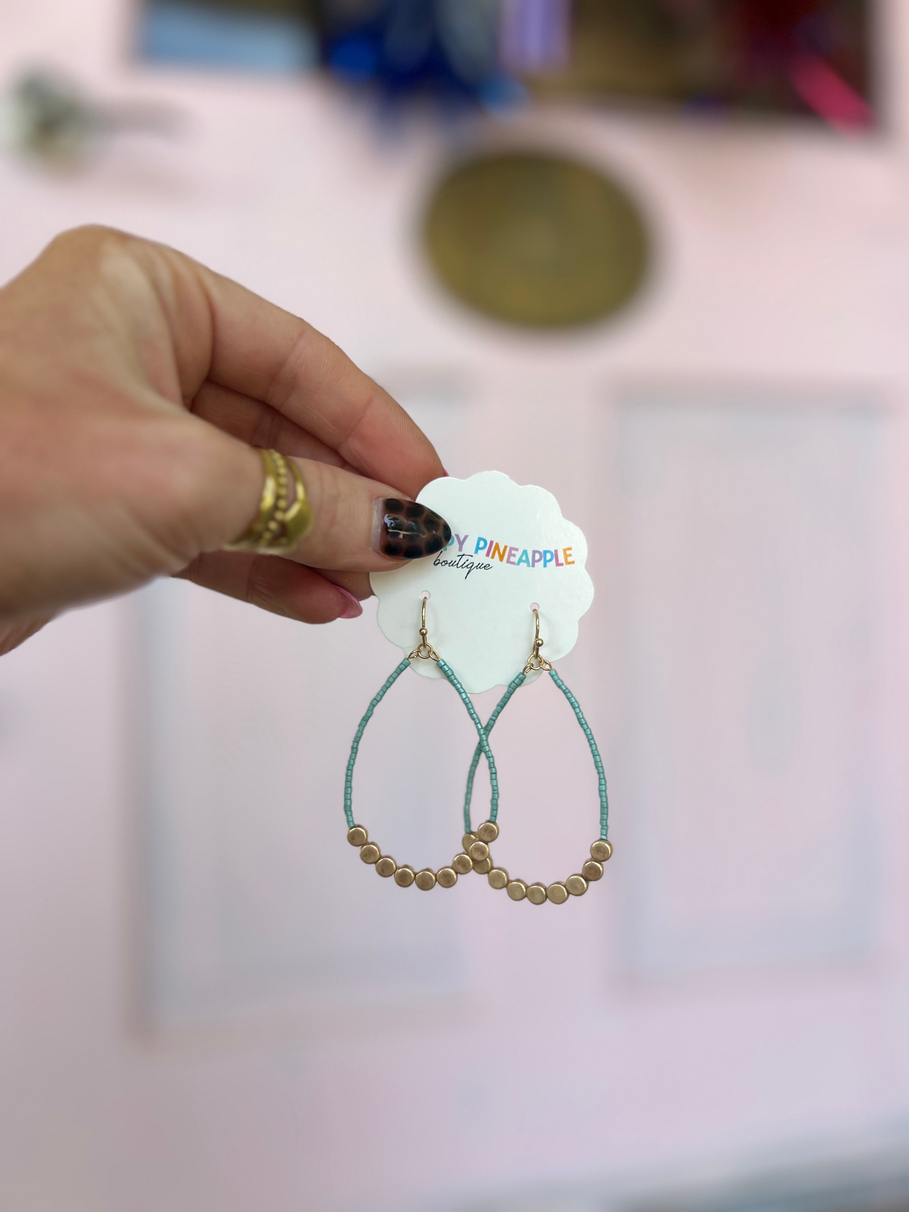 Bead Teardrop Earrings - Dark Mint/WornGold