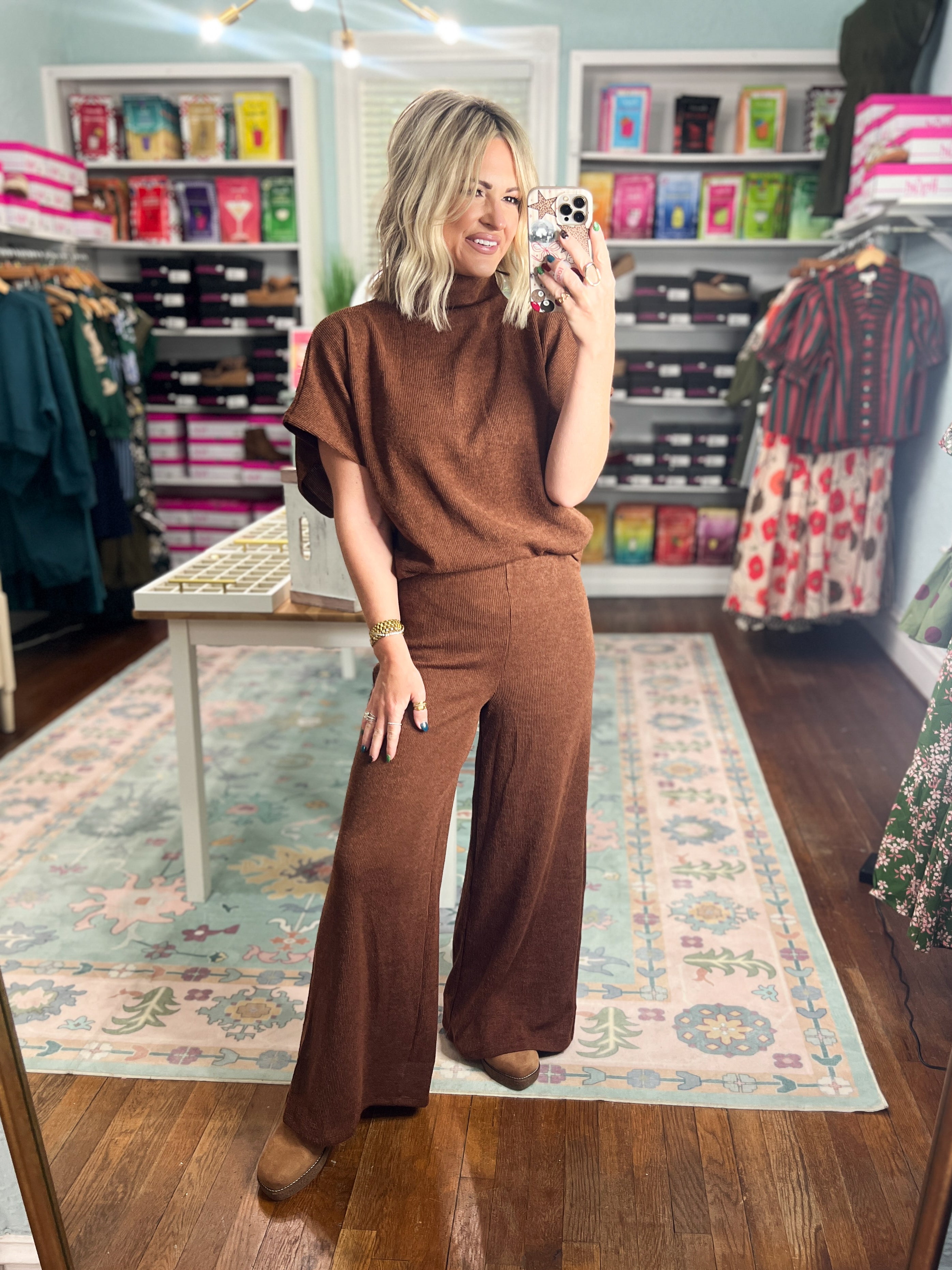 Polished Path Dolman Sleeve Top And Pant Set - Brown