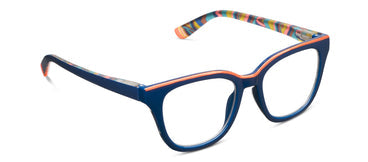 Navy blue eyeglass frames with clear lenses and multicolor patterned temples