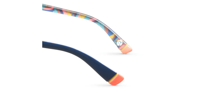 Blue eyeglass temples with multicolor patterned trim and orange tips