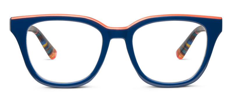 Navy blue eyeglass frames with clear lenses and patterned inner details