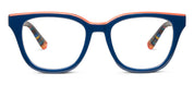 Navy blue eyeglass frames with clear lenses and patterned inner details