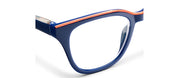Navy blue eyeglass frame side view with clear lens and orange trim
