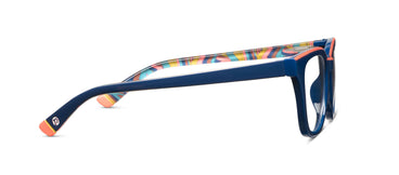 Blue eyeglass frames with multicolor patterned temple and orange end