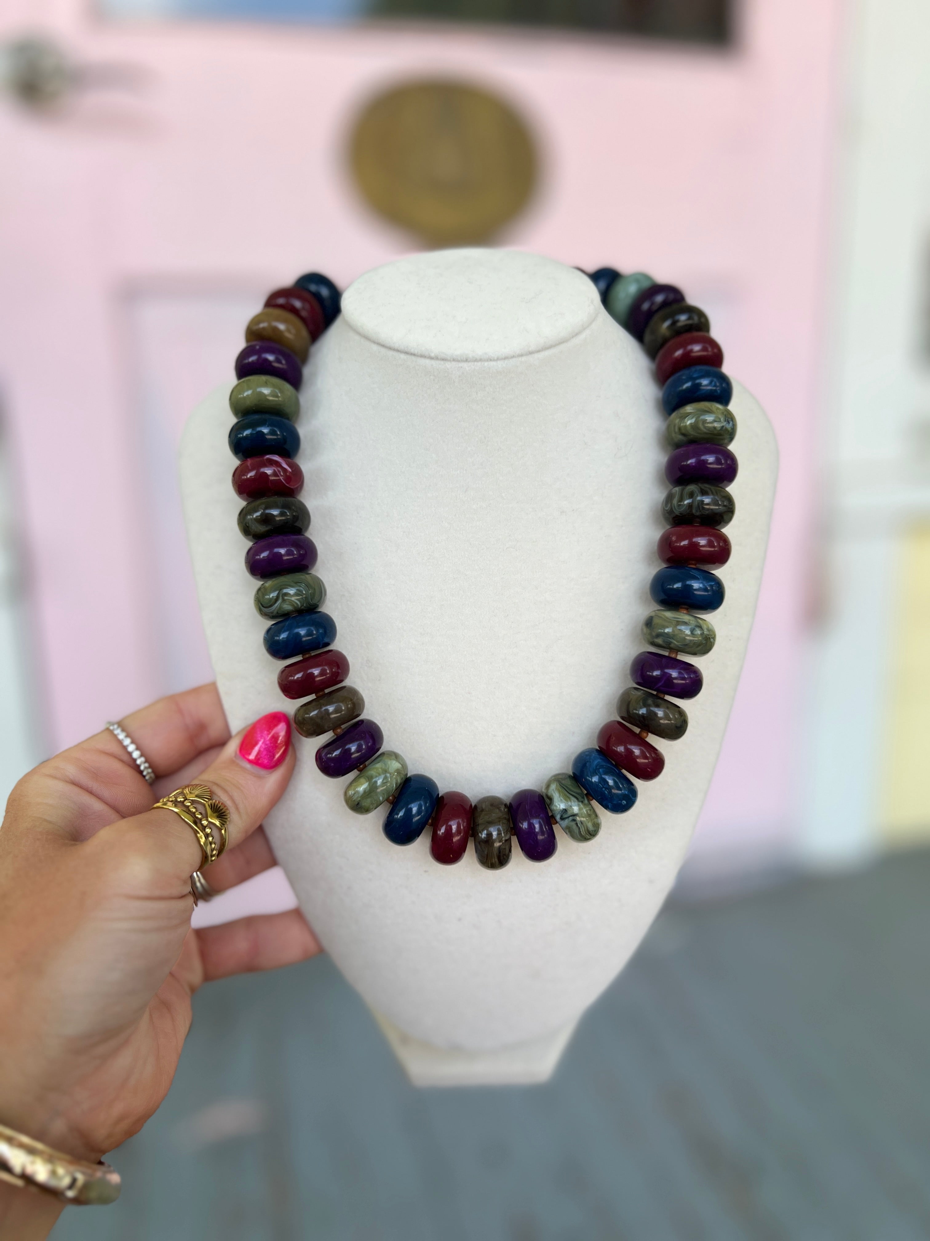 Dark multi marble rondelle bead necklace with faceted round beads