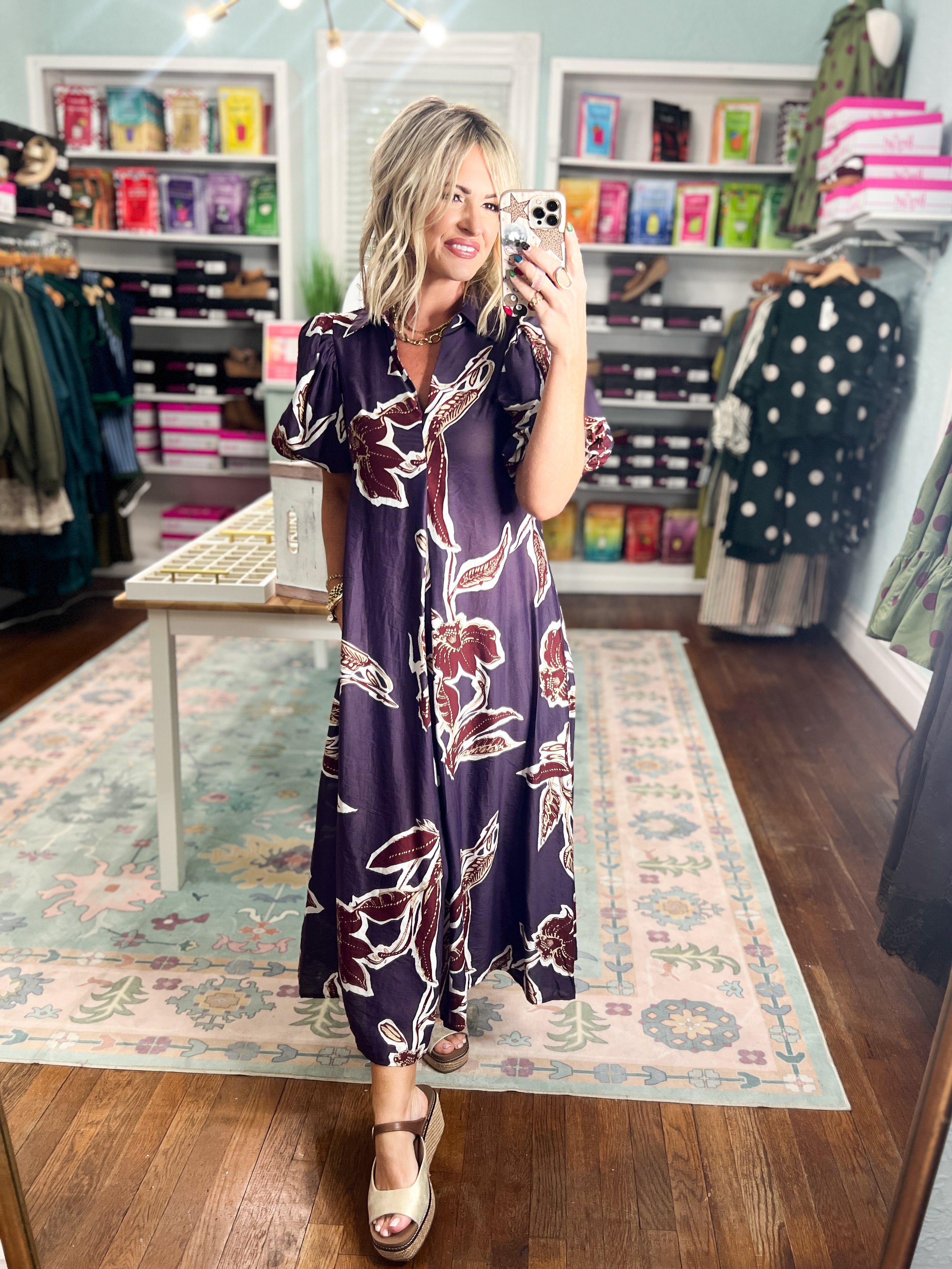 Dark purple puff-sleeve maxi dress with maroon floral print and short V-neck
