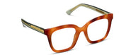 Orange tortoise-effect progressive eyeglass frames with green-tinted temple tips
