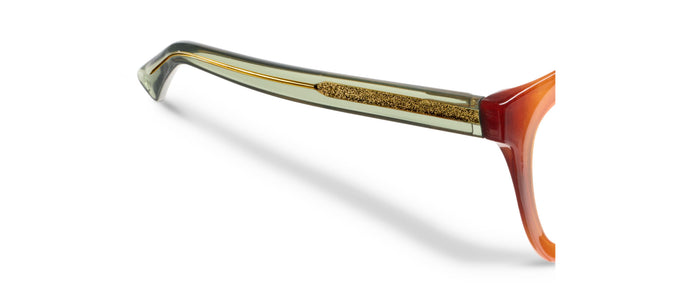 Side view orange tortoise-effect progressive eyeglass frames with green temple
