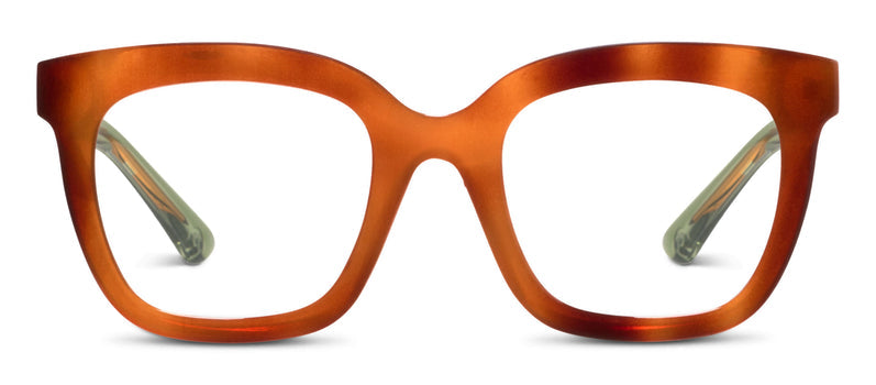 Orange tortoise-effect eyeglass frames, full front view, clear lenses
