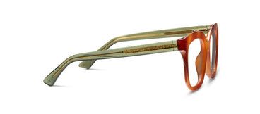 Orange tortoise-effect progressive eyeglass frames, side view with green tips