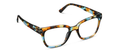 Progressive reading glasses with tortoise acetate frame and blue-tinted accents