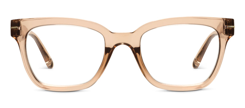 Peepers tan translucent rectangular eyeglass frames with gold-tone hinges
