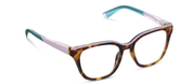 Tortoise and pink eyeglasses with teal-tinted temples and clear lenses