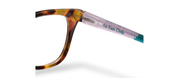 Tortoise eyeglass frame with pink temple arm and teal 'Le Fun Club' print