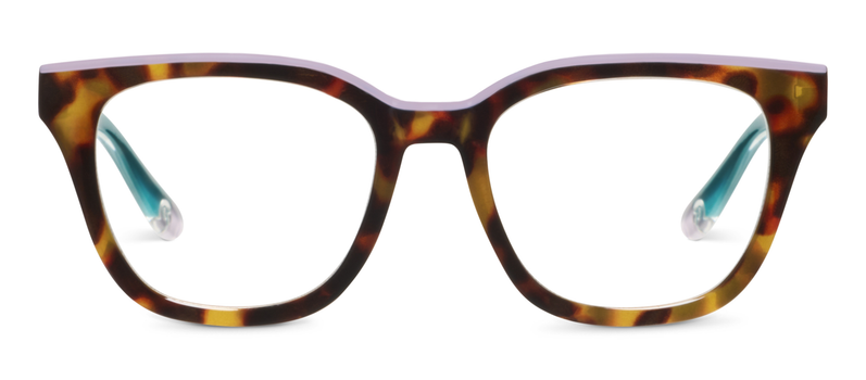 Tortoise eyeglasses with large clear lenses and teal temple accents