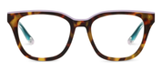Tortoise eyeglasses with large clear lenses and teal temple accents