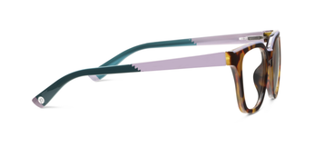 Tortoise and pink eyeglasses with teal temples and 'Le Fun Club' arm print