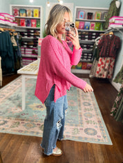 Why Not Dolman Sleeve Sweater Top - Fuchsia