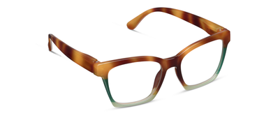 Tortoise-color progressive eyeglasses with green-tinted temples, square frames