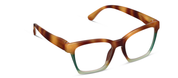Tortoise-color progressive eyeglasses with green-tinted temples, square frames