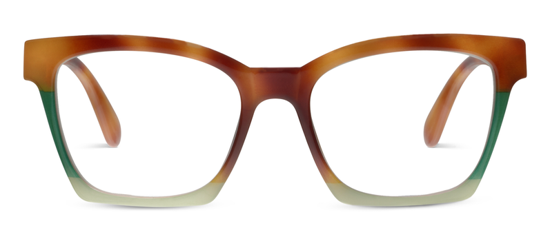 Tortoise square progressive eyeglasses with green temple accents