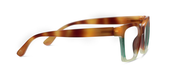 Profile view tortoise progressive eyeglasses with green temples