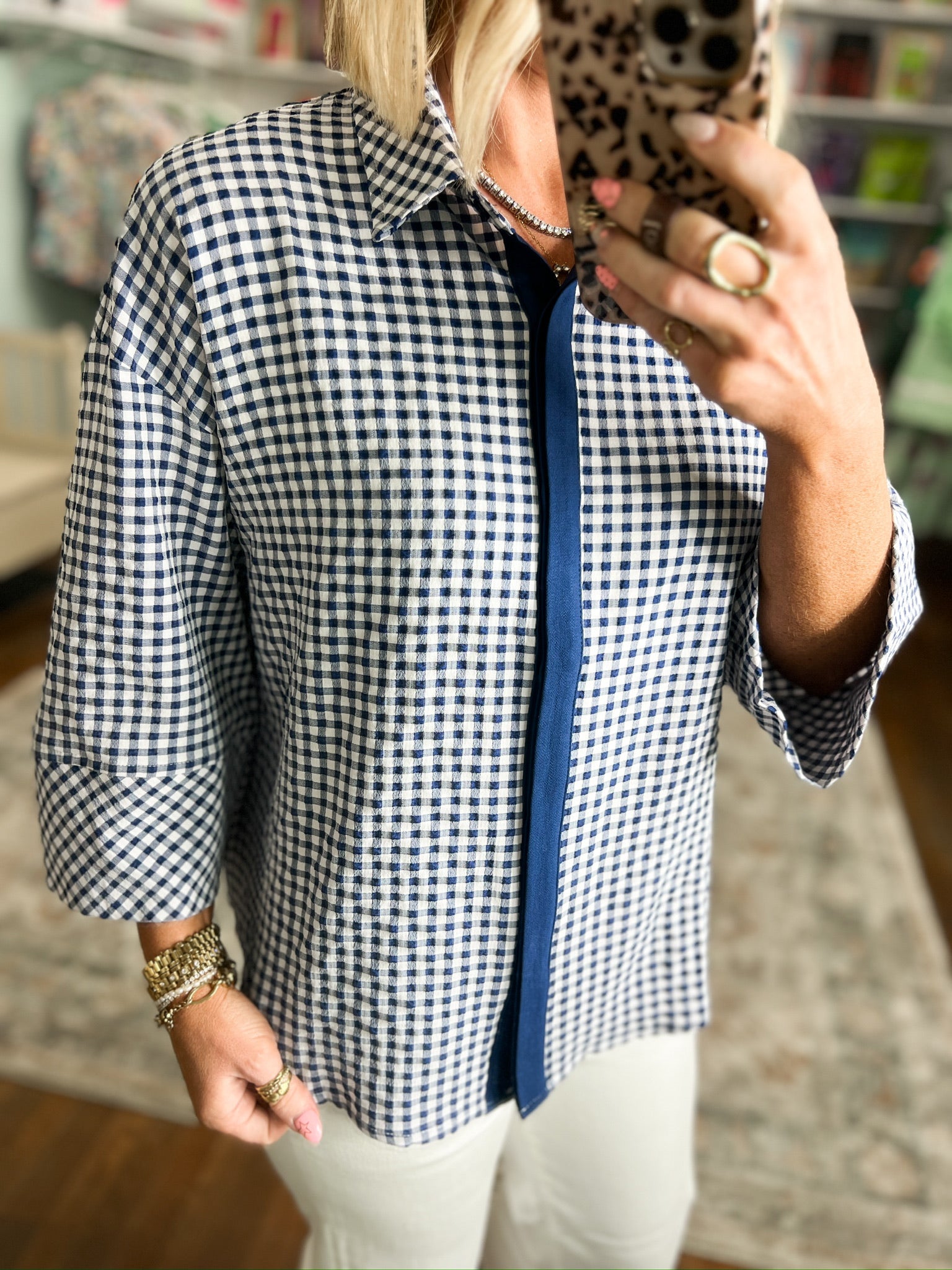 Can't Leave It Alone Gingham Top - Navy