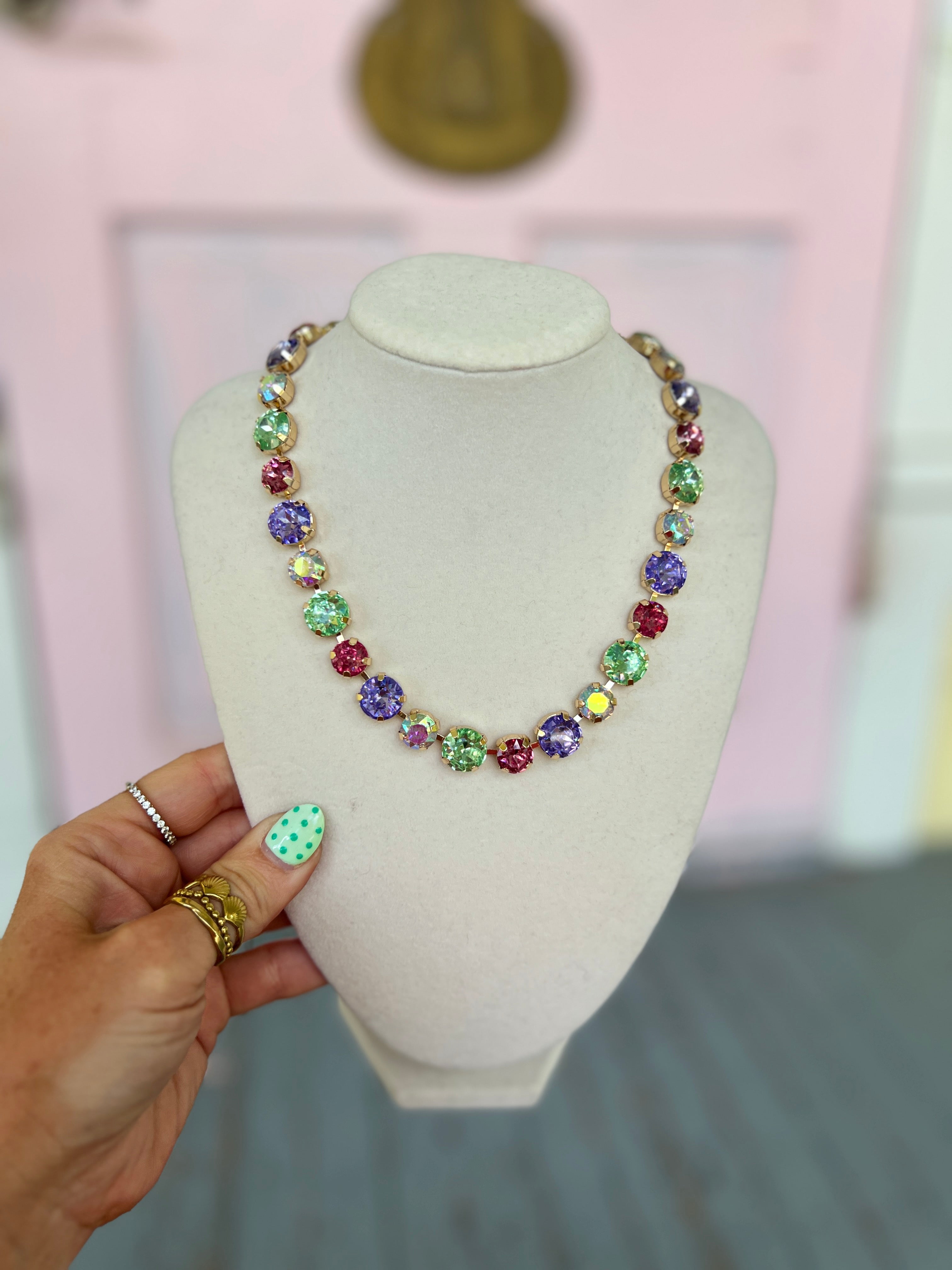 Multi-color glass stone bead necklace with gold-tone accents