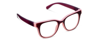 Progressive eyeglasses with cherry frames and pink-tinted rims, rounded lenses