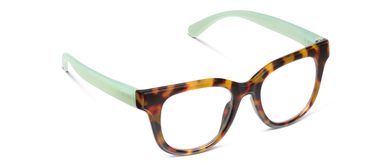 Tortoise eyeglasses with green temples, full-rim round-square frame