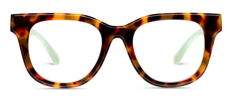 Tortoise full-rim eyeglasses with green temples and large round lenses