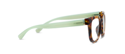 Tortoise eyeglass frame side view with green temple arms and hinge