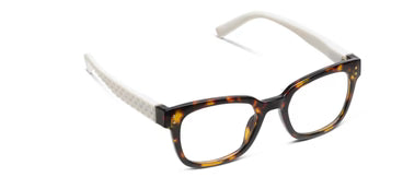 Tortoise and white eyeglass frames with rectangular lenses