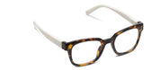 Tortoise and white eyeglass frames with rectangular lenses