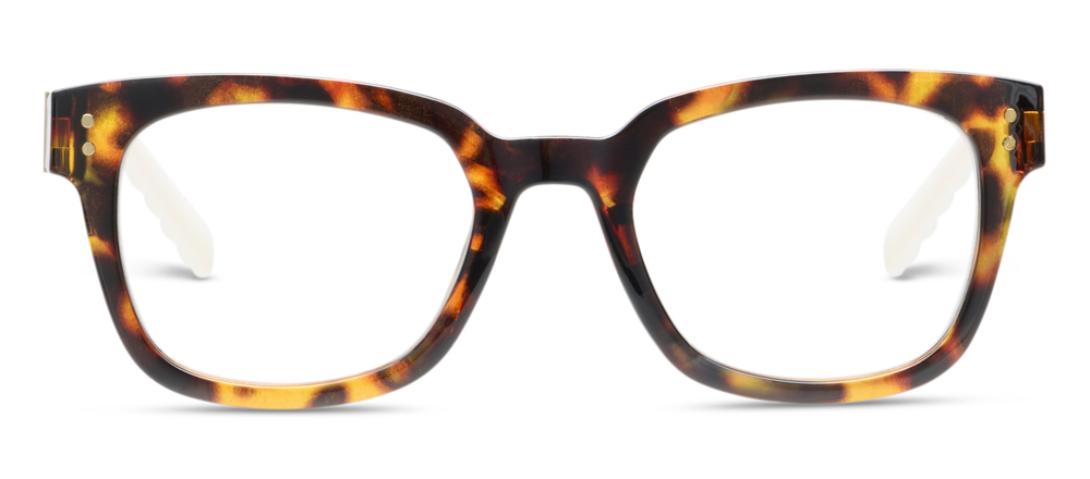 Front view tortoise-pattern eyeglasses with wide rectangular clear lenses