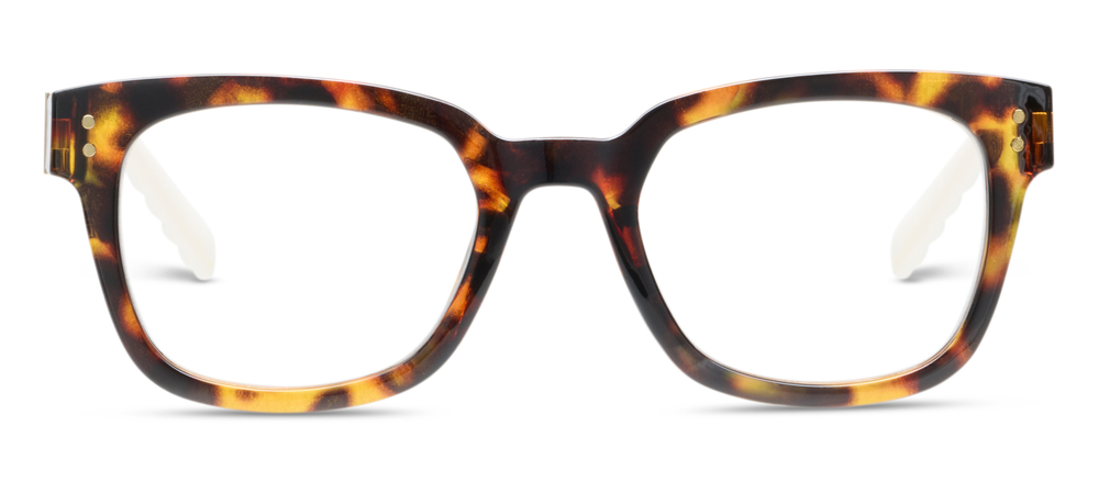 Front view tortoise-pattern eyeglasses with wide rectangular clear lenses