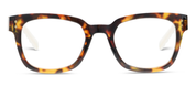 Front view tortoise-pattern eyeglasses with wide rectangular clear lenses