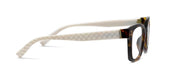 Tortoise eyeglass frame side with white temple arm