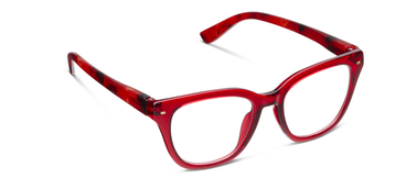Red square eyeglass frame with tortoise-look arms and clear lenses