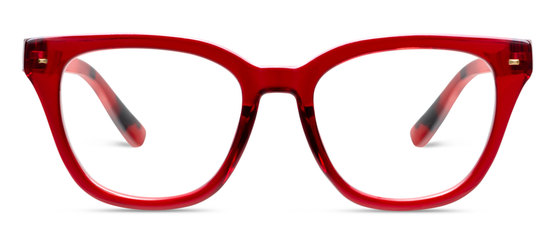 Red eyeglass frame with tortoise-look temple tips and clear lenses, front view