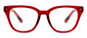 Red eyeglass frame with tortoise-look temple tips and clear lenses, front view