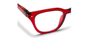 Red eyeglass frame with clear nose pads and tortoise-look arm